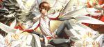  1boy arm_on_knee arm_support artist_request black_pants blurry blurry_foreground boots brown_hair chain cloak closed_mouth cloud cloudy_sky code_geass code_geass:_lost_stories fake_wings feathered_wings feathers floating_clothes flower game_cg gem green_eyes grey_sky happy highres knee_boots knee_up kururugi_suzaku layered_sleeves leaning_back light_particles light_rays lily_(flower) long_sleeves looking_at_viewer male_focus non-web_source official_art outdoors pants pillar red_gemstone shirt short_hair short_over_long_sleeves short_sleeves sidelocks sitting sky smile solo split_mouth statue sunlight tabard white_cloak white_feathers white_footwear white_shirt wings 