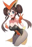  1girl absurdres bare_shoulders black_leotard blue_eyes breasts collarbone cosplay cowboy_shot detached_collar double_v doughnut_hair_bun gloves gonzarez grey_pantyhose hair_bun highres large_breasts leotard looking_at_viewer necktie orange_gloves orange_leotard pantyhose playboy_bunny pokemon pokemon_bw2 rosa_(pokemon) simple_background solo v victini victini_(cosplay) white_background 