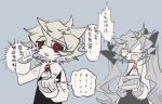  &gt;_&lt; 1boy 1girl @_@ amulet black_bow blue_background bow chinese_text grey_hair long_hair meyou_0319 open_mouth original red_eyes sketch talking tears translation_request twintails 