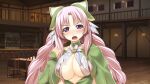  1girl atelier-moo blush braid breasts cleavage curtained_hair dress drunk highres large_breasts long_hair long_sleeves looking_at_viewer narrow_waist night nina_lazydaisy open_mouth pink_eyes pink_hair ribbon smile solo standing tavern twin_braids upper_body v-shaped_eyebrows very_long_hair wizards_symphony 