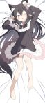  animal_ear_fluff animal_ears april_fools black_hair dakimakura_(medium) elf extra_ears fish fish_hair_ornament fox_ears fox_girl frilled_sleeves frills hair_ornament highres kazari_(odeclea) long_hair odeclea one_eye_closed open_mouth original pointy_ears purple_eyes sunfish tail very_long_hair 