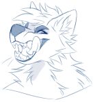 anthro bust_portrait canid cheek_tuft facial_tuft fangs glistening glistening_eyes hair hi_res inner_ear_fluff licking licking_lips licking_own_lips looking_at_viewer male mammal monochrome narrowed_eyes neck_tuft open_mouth portrait princelykaden short_hair solo teeth tongue tuft