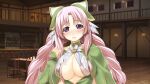  1girl atelier-moo blush braid breasts cleavage closed_mouth curtained_hair dress drunk highres large_breasts long_hair long_sleeves looking_at_viewer narrow_waist night nina_lazydaisy pink_eyes pink_hair ribbon sad smile solo standing tavern twin_braids upper_body wizards_symphony 