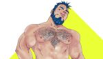  1boy bad_link bara beard blue_hair cheekbones facial_hair full_beard head_tilt highres looking_to_the_side male_focus mature_male moritas_(mochi_m) multicolored_hair muscular muscular_male nipples nude original short_hair solo thick_beard thick_chest_hair thick_eyebrows twitter_banner two-tone_hair upper_body 