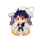  1boy absurdres ace_anderson black_pants blue_eyes blue_jacket character_charm charm_(object) chibi full_body highres ionic_pillar jacket jock_studio_(blits_games) looking_at_viewer male_focus merchandise mikkoukun multicolored_eyes pants pointing purple_hair red_eyes shirt short_hair smile solo standing white_footwear white_shirt 