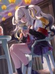  1girl crepe dress eating fate/grand_order fate_(series) food grey_hair highres ina_(rimuna_1228) jacket long_hair long_sleeves looking_at_viewer marie_antoinette_(alter)_(fate) marie_antoinette_(alter)_(first_ascension)_(fate) marie_antoinette_(fate) off_shoulder school_uniform shirt sidelocks sitting skirt socks solo thighs twintails two_side_up white_dress white_hair white_jacket white_shirt yellow_eyes 