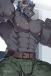  1boy abs ao_(chung0u0) armpit_hair armpits bara bulge camouflage camouflage_pants cowboy_shot curled_horns furry furry_male grey_fur highres horns krampus_(housamo) large_pectorals long_sideburns looking_at_viewer male_focus mature_male medium_hair muscular muscular_male navel nipples pants pectorals reward_available scar scar_across_eye scar_on_chest scar_on_face scar_on_nose sideburns solo stomach thick_eyebrows thick_thighs thighs tokyo_afterschool_summoners topless_male tusks 
