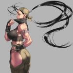  1girl ass bandaged_arm bandages bandana bare_shoulders black_hair breasts brown_eyes clothing_cutout commentary_request covered_nipples from_side gloves grey_background hand_on_own_hip ibuki_(street_fighter) japanese_clothes large_breasts long_hair looking_at_viewer midriff muscular muscular_female ninja pants ponytail pulled_by_self removing_mask shu-mai simple_background sleeveless solo street_fighter street_fighter_iii_(series) thigh_cutout turtleneck very_long_hair 