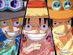  3boys black_hair black_hat blonde_hair blue_aura blue_shirt close-up collared_shirt commentary freckles gloves goggles goggles_on_headwear grin hat highres jewelry looking_at_viewer male_focus monkey_d._luffy multiple_boys necklace one_piece orange_hat pearl_necklace portgas_d._ace red_aura sabo_(one_piece) scar scar_on_face shirt signature smile straw_hat tacchan56110 teeth yellow_aura 