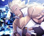  1boy animal_ear_fluff animal_ear_request animal_ears bara beard blonde_hair bodysuit character_request facial_hair frown fujishima_kazuya highres live_a_hero long_hair male_focus mature_male muscular muscular_male pectorals solo thick_thighs thighs upper_body white_bodysuit 