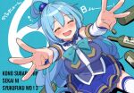  1girl aqua_(konosuba) blue_hair blue_shirt blue_skirt blush bottle bow breasts closed_eyes copyright_name detached_sleeves foreshortening green_bow hair_ornament kono_subarashii_sekai_ni_shukufuku_wo! large_breasts long_hair mishima_kurone open_mouth reaching reaching_towards_viewer saliva_drip shirt single_hair_ring sitting skirt solo thighhighs very_long_hair white_sleeves white_thighhighs zettai_ryouiki 