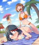  3girls ass_grab beach beach_towel beach_umbrella bikini black_hair blurry blurry_background blush boat breasts brown_hair drooling frilled_bikini frills glowing glowing_eyes highres kagato007 kill_la_kill kiryuuin_satsuki lifeguard_chair lotion lying mankanshoku_mako matoi_ryuuko multicolored_hair multiple_girls on_stomach open_mouth orange_bikini palm_tree saliva sexually_suggestive simulated_ejaculation streaked_hair striped_bikini striped_clothes sunscreen swimsuit teeth towel tree umbrella upper_teeth_only watercraft you_gonna_get_raped yuri 