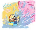 1boy blank_eyes blue_shirt brown_hair closed_eyes facial_hair gloves goggles goggles_on_headwear helmet hoshi_(star-name2000) motorcycle_helmet mustache open_mouth pointy_ears shirt shouting simple_background smile splashing wario warioware warioware:_get_it_together! water yellow_background yellow_gloves 