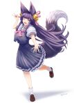  1girl :d animal_ear_fluff animal_ears bell fang fox_ears fox_girl fox_shadow_puppet fox_tail full_body gollizo granblue_fantasy hair_bell hair_ornament highres long_hair looking_at_viewer one_eye_closed open_mouth outstretched_hand purple_hair red_eyes school_uniform shadow sidelocks smile solo tail very_long_hair white_background yuel_(granblue_fantasy) 