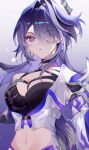  1girl acheron_(honkai:_star_rail) armor black_choker breasts choker chromatic_aberration cleavage coat commentary criss-cross_halter cropped_arms gradient_background hair_intakes hair_ornament hair_over_one_eye halterneck highres honkai:_star_rail honkai_(series) kinii large_breasts long_hair looking_at_viewer midriff missing_limb multicolored_hair navel parted_lips purple_background purple_eyes purple_hair shoulder_armor single_bare_shoulder solo streaked_hair upper_body white_background white_coat 