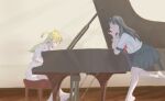  2girls akebi&#039;s_sailor_uniform akebi_komichi araminami barefoot black_hair black_skirt blonde_hair closed_eyes closed_mouth collared_shirt grand_piano hair_tie highres instrument kizaki_erika leaning_on_object multiple_girls music orange_eyes piano piano_bench playing_instrument school_uniform shirt sitting skirt twintails white_shirt 