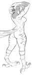  2020 absurd_res anthro arms_above_head avian beak biped bird breasts digitigrade falcon falconid feathers female hand_on_head hands_behind_head hi_res lakeslug peregrine_falcon side_boob simple_background solo spots spread_legs spreading striped_feathers tail_feathers talons thick_thighs white_background wide_stance 