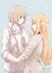  2girls absurdres blonde_hair blue_background blush bright_pupils brown_shirt choker collared_shirt cowboy_shot dungeon_meshi elf falin_touden falin_touden_(chimera) feathers flying_sweatdrops from_side hands_on_another&#039;s_chest highres long_hair looking_at_another marcille_donato multiple_girls pin.s pointy_ears red_choker shirt short_hair signature simple_background standing twitter_username white_pupils yellow_eyes 
