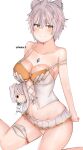  1girl absurdres animal_ears bikini bikini_skirt breasts cat_ears character_doll chest_jewel cleavage core_crystal_(xenoblade) cosplay grey_hair highres large_breasts meidza_d messy_hair mio_(xenoblade) mio_(xenoblade)_(cosplay) na&#039;el_(xenoblade) short_hair smile solo strap_slip swimsuit thighs white_bikini xenoblade_chronicles_(series) xenoblade_chronicles_3 xenoblade_chronicles_3:_future_redeemed yellow_eyes 