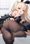  1girl :d absurdres animal_ears arm_support ass azur_lane bache_(azur_lane) backless_leotard black_leotard blonde_hair breasts cameltoe clothes_pull curly_hair detached_collar english_commentary fake_animal_ears fang from_below fur-trimmed_jacket fur_trim hair_between_eyes half-closed_eyes hand_on_own_hip highres igarashi_gozo jacket jacket_pull leotard long_hair looking_at_viewer lying off_shoulder on_side pantyhose playboy_bunny presenting purple_eyes rabbit_ears rabbit_girl rabbit_tail small_breasts smile smug solo strapless strapless_leotard sweat tail thighs very_long_hair yellow_jacket 