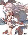 1girl absurdres alternate_costume animal arknights belt_pouch bird black_shirt closed_eyes commentary_request dated feathered_wings feathers gaoling_gangqin head_wings highres long_hair midriff mulberry_(arknights) navel pheasant pouch shirt shorts simple_background solo thigh_strap very_long_hair white_background white_feathers white_hair white_shorts white_wings wings 