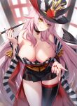  1girl animal_ear_fluff animal_ears bangs bare_shoulders black_headwear black_legwear blurry blurry_background blush breasts cleavage closed_mouth commentary_request depth_of_field ears_through_headwear eyebrows_visible_through_hair eyes_visible_through_hair fate/grand_order fate_(series) hair_over_one_eye hat head_tilt highres holding holding_pipe kiseru koyanskaya_(fate) large_breasts licking_lips long_hair looking_at_viewer nail_polish pink_hair pipe red_nails ririko_(zhuoyandesailaer) single_thighhigh smile solo tail tamamo_(fate) thigh_gap thighhighs thighs tongue tongue_out very_long_hair yellow_eyes 