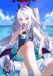  1girl absurdres bare_shoulders barefoot black_halo black_horns blue_archive blue_one-piece_swimsuit blue_sky blush breasts cloud commentary_request crossed_legs eating food food_in_mouth grey_hair halo highres hina_(blue_archive) hina_(swimsuit)_(blue_archive) holding holding_food horns ice_cream kamu_(stead06y) legs long_hair looking_at_viewer low_wings name_tag ocean official_alternate_costume on_innertube one-piece_swimsuit outdoors parted_bangs purple_eyes purple_wings sitting sky small_breasts soles solo swim_ring swimsuit very_long_hair wings 