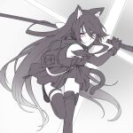  1girl animal_ear_fluff animal_ears arknights bare_shoulders boots cat_ears cat_girl cat_tail closed_mouth elbow_gloves foot_out_of_frame foot_up gloves grey_background greyscale hair_between_eyes highres holding holding_sheath holding_sword holding_weapon hood hood_down hooded_jacket jacket knees_together_feet_apart kyoro_(kyoroillust) long_hair looking_at_viewer melantha_(arknights) miniskirt monochrome pink_eyes pleated_skirt scabbard serious sheath simple_background skirt sleeveless sleeveless_jacket solo spot_color straight_hair sword tail thigh_gap thigh_strap thighhighs very_long_hair weapon zettai_ryouiki 