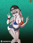  3:4 anthro bikini bottomwear clothing cutoffs daisy_dukes denim denim_bottomwear denim_clothing disney eyewear female female_anthro fur grey_body grey_fur hi_res hotpants judy_hopps lordofnothin1 multicolored_body multicolored_fur shorts solo sunglasses sunglasses_on_face swimwear text tongue tongue_out two_tone_body two_tone_fur url zootopia 