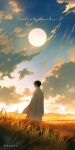  1boy artist_name black_hair cloud coat day english_text grass highres kim_dokja light_particles long_sleeves male_focus omniscient_reader&#039;s_viewpoint outdoors short_hair sky solo standing sun tokitokiee white_coat 