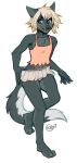  2017 5_fingers anthro avery_(itsmythos) black_nose blonde_hair blue_eyes bottomwear canid canine chest_tuft clothing cowlick elbow_tuft fingers fox fur girly grey_body grey_fur hair hip_tuft kaitycuddle looking_aside male mammal open_mouth panties plantigrade raised_leg shirt short_hair signature simple_background skirt solo standing tank_top teeth topwear tuft underwear white_background 