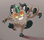  black_fur brown_background brown_fur claws full_body galarian_meowth grin highres looking_at_viewer no_humans orange_eyes pokemon pokemon_(creature) sharp_teeth sharpski simple_background slit_pupils smile solo standing teeth two-tone_fur 