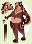  2023 :3 anthro big_breasts biped breasts brown_body brown_fur canid canine casual_nudity color_swatch female ferwanwan fluffy fur handpaw hi_res huge_breasts mammal markings model_sheet nude open_mouth overweight overweight_female pawpads paws solo standing tuft watermark yellow_sclera 
