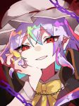  1girl flandre_scarlet hand_on_own_face highres looking_at_viewer pointy_ears purple_hair red_eyes ribbon rokka_(rokka937) smirk solo touhou touhou_lostword upper_body white_mob_cap white_mouth yellow_ribbon 