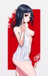 1girl absurdres black_hair breasts cowboy_shot eyelashes from_side hand_up highres holding holding_towel lewdbroccoli long_hair looking_at_viewer looking_to_the_side medium_breasts naked_towel navel nipples original parted_lips red_eyes sideways_glance solo teeth towel wet 