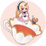  1girl 7mb_yut apron bangs blonde_hair blue_bow blue_bowtie bow bowtie brown_background cafe_cuties_soraka chibi croissant cup dress drill_hair food frilled_apron frills hair_bow horns league_of_legends long_hair long_sleeves lowres maid maid_headdress pantyhose pink_dress red_eyes shiny shiny_hair single_horn solo soraka_(league_of_legends) twin_drills waist_apron white_apron white_background 