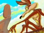 4_fingers abstract_background anthro arm_tuft barely_visible_butt belly biped black_eyes black_nose boulder brown_body brown_fur butt calf_tuft canid canine canis canyon colored countershade_torso countershading coyote desert detailed digital_drawing_(artwork) digital_media_(artwork) digital_painting_(artwork) elbow_on_knee eyebrows fingers front_view_butt frown fur glare knee_tuft knees_up leg_tuft looking_down looney_tunes male mammal midsection nude painted_background pecs pinup pose river rock shaded shoulder_tuft sitting sketch solo stevethedragon tan_belly tan_body tan_eyebrows tan_fur tuft waiting warner_brothers wile_e._coyote yellow_sclera