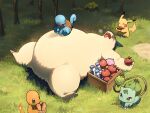 ambiguous_gender apple belly big_belly bread bulbasaur charmander dorobo_39 faint feeding feral food fruit fur generation_1_pokemon generation_2_pokemon generation_8_pokemon group hi_res immobile lying male morbidly_obese nintendo obese on_back open_mouth overweight picnic pikachu plant pokemon pokemon_(species) smile squirtle text typhlosion