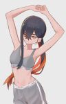  1girl armpits arms_up black_hair carmine_(pokemon) closed_mouth crossed_bangs eyelashes hair_between_eyes hasu_175 highres long_hair mole mole_under_eye multicolored_hair navel own_hands_together pokemon pokemon_sv red_hair shorts solo sports_bra two-tone_hair white_background yellow_eyes 