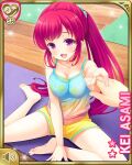  asami_kei bare_arms bare_legs bare_shoulders blush breasts cleavage girlfriend_(kari) light_smile long_hair open_mouth ponytail purple_eyes red_hair shorts stretching swept_bangs very_long_hair yoga 