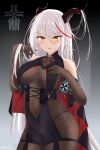  1girl absurdres aegir_(azur_lane) azur_lane bare_shoulders biganbanani black_cape black_gloves black_skirt bodystocking breast_curtains breasts cape cowboy_shot cross cross-laced_clothes cross_earrings demon_horns earrings elbow_gloves eyebrows_visible_through_hair gloves gradient gradient_background grey_background hair_between_eyes hair_on_horn hand_on_own_chest highres horns iron_blood_(emblem) iron_cross jewelry large_breasts long_hair looking_at_viewer medium_breasts microskirt multicolored_hair red_hair skirt solo standing streaked_hair two-tone_hair underbust very_long_hair white_hair yellow_eyes 