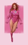  absurdres atom_eve boots breasts cape clip_studio_paint_(medium) dalejomej green_eyes highres image_comics invincible_(series) large_breasts leotard long_hair looking_at_viewer orange_hair pink_footwear pink_leotard superhero_costume thighs 