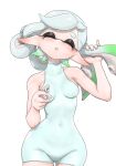  1girl alternate_costume arm_up ass_visible_through_thighs bare_arms bare_shoulders bodysuit breasts closed_eyes covered_collarbone covered_navel cowboy_shot eyelashes gradient_hair green_hair grey_hair hair_down hand_up highres holding inkling koharu2.5 long_hair marie_(splatoon) medium_breasts mole mole_under_eye multicolored_hair parted_lips pointy_ears short_eyebrows simple_background solo splatoon_(series) suction_cups tentacle_hair two-tone_hair unworn_earring white_background white_bodysuit 