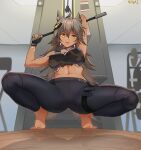  1girl abs absurdres animal_ears armpits bare_arms bare_shoulders barefoot belly breasts cr-21_(girls&#039;_frontline) dark-skinned_female dark_skin extra_ears feet girls&#039;_frontline grey_hair highres long_hair looking_at_viewer navel ninai open_mouth sportswear tongue tongue_out wolf_ears wolf_girl 