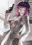  1girl breasts cleavage collarbone commentary cowboy_shot english_commentary eyewear_on_head gun haekchi hair_between_eyes hand_on_own_hip hand_up highres holding holding_gun holding_weapon honkai:_star_rail honkai_(series) kafka_(honkai:_star_rail) large_breasts long_hair looking_to_the_side nail_polish open_clothes open_robe pink_lips purple_eyes purple_hair purple_nails revolver robe round_eyewear sidelocks smile solo sunglasses twitter_username weapon white_robe 