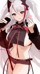  1girl absurdres azur_lane black_shirt breasts brown_shorts commentary_request cowboy_shot finger_heart grey_hair highres holding holding_microphone large_breasts looking_at_viewer micro_shorts microphone mole mole_on_breast multicolored_hair official_alternate_costume prinz_eugen_(azur_lane) prinz_eugen_(muse)_(azur_lane) red_eyes red_hair shirt shorts sideboob_cutout simple_background smile solo streaked_hair two_side_up white_background yamaha_tsui 