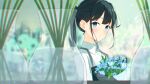  1girl black_hair blue_eyes blurry blurry_background blush bouquet collared_shirt flower highres holding holding_bouquet original ponytail shirt solo suspenders tsunoshou_kichi vase 