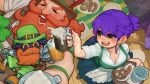  1boy 1girl apron bangs beard beer_mug blush braid breasts brown_hair character_request check_character cleavage cup eyebrows_visible_through_hair facial_hair food french_braid green_eyes green_headwear hat_belt highres indie_virtual_youtuber mug mustache open_mouth plate podone pretzel purple_hair sausage shadow shirt short_sleeves signature smile sparrowl tray upper_body virtual_youtuber white_apron white_shirt 