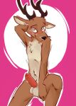  anthro antlers balls blush brown_body brown_fur cervid erection fur genitals horn looking_at_viewer male mammal nude panko_(lawyerdog) smile solo toxoglossa 