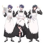  3boys :d alternate_costume apron black_dress black_footwear black_hair blade_(honkai:_star_rail) blue_hair book bow brown_eyes closed_mouth cloth collared_dress crossdressing dr._ratio_(honkai:_star_rail) dress earrings enmaided frilled_apron frills full_body gradient_hair green_eyes hair_bow hand_on_own_head heart high_heels highres holding holding_book holding_cloth honkai:_star_rail honkai_(series) jewelry juliet_sleeves leg_up legwear_garter long_dress long_hair long_sleeves looking_at_viewer maid maid_apron maid_day maid_headdress male_focus male_maid mandarin_collar multicolored_hair multiple_boys multiple_hair_bows nekobni open_mouth orange_eyes parted_lips puffy_sleeves purple_hair red_hair sampo_koski short_hair simple_background smile socks sparkle standing standing_on_one_leg trembling very_long_hair white_apron white_background white_socks wing_collar yellow_bow 